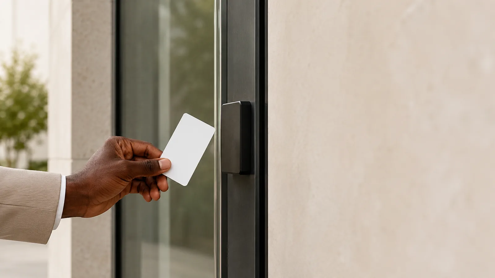 Access control identity cover Hand presenting a blank access card to an unbranded reader on a glass office doorway.
