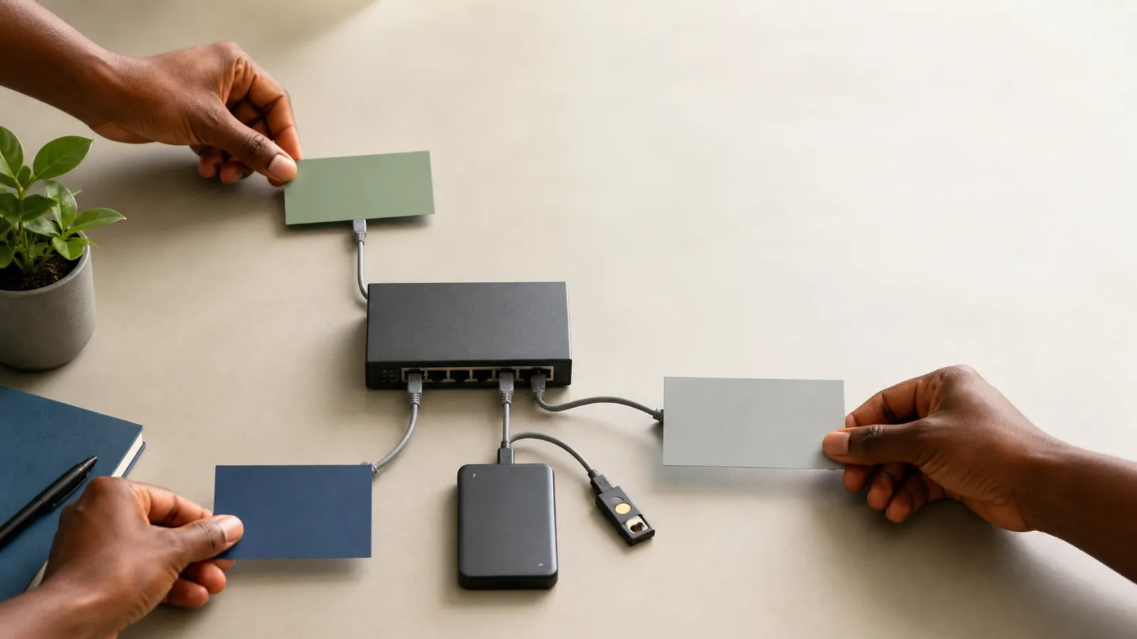 Three people coordinating blank service cards around network, backup, and security devices.
