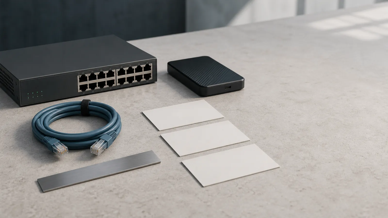 Managed IT service cost structure Network switch, backup drive, cable, and blank service cards arranged to show scope tiers.