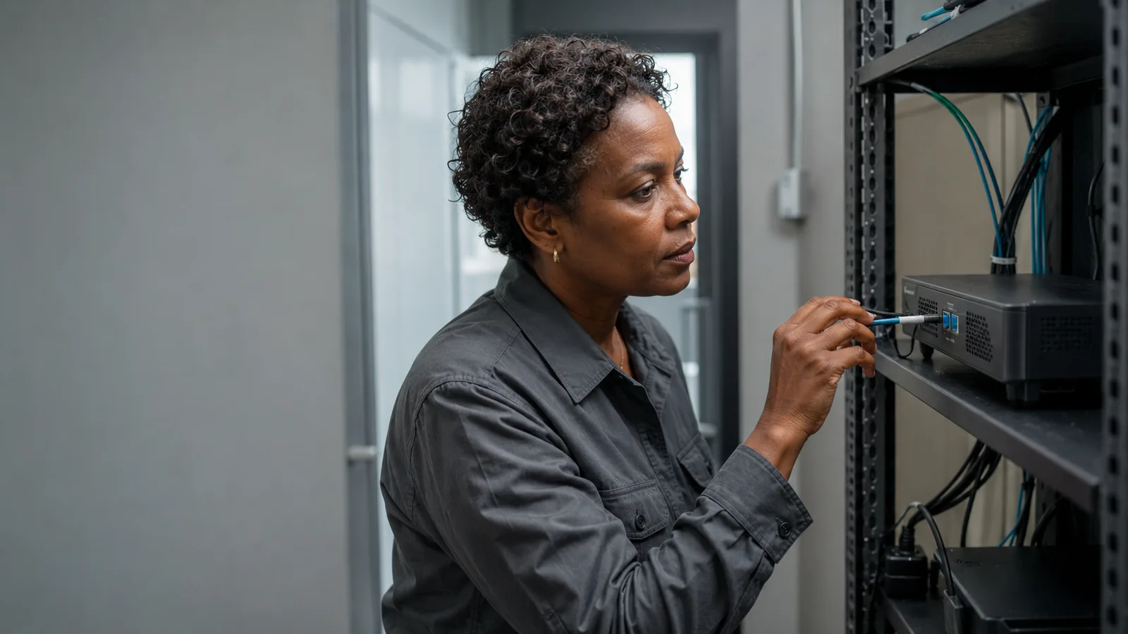 SAP HANA latency routing infrastructure check Infrastructure specialist checking a fibre uplink on an unbranded edge appliance in an equipment aisle.