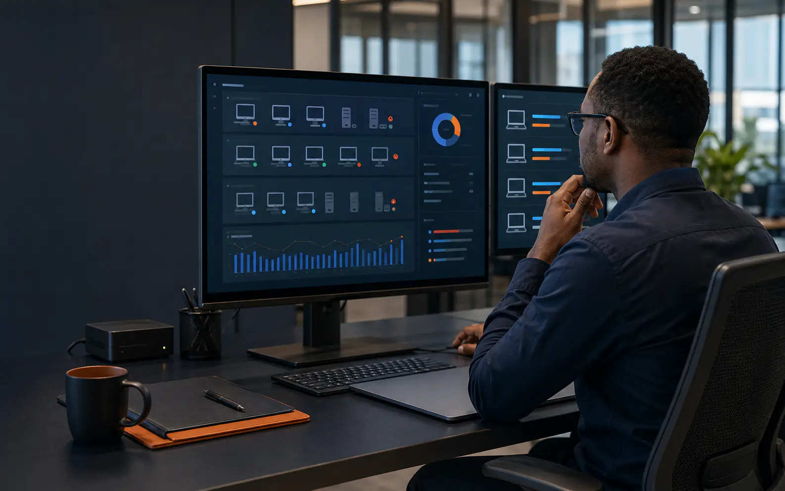 Editorial illustration of managed endpoint security monitoring for a business device estate