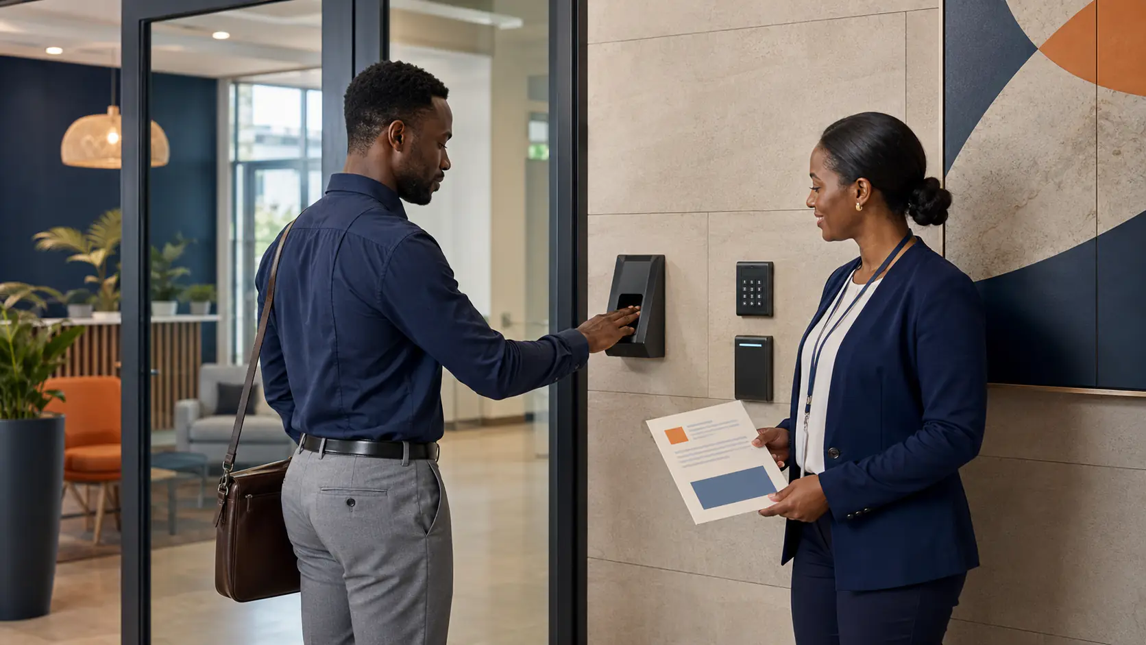 Hand presenting a blank access card while using an unbranded biometric reader.