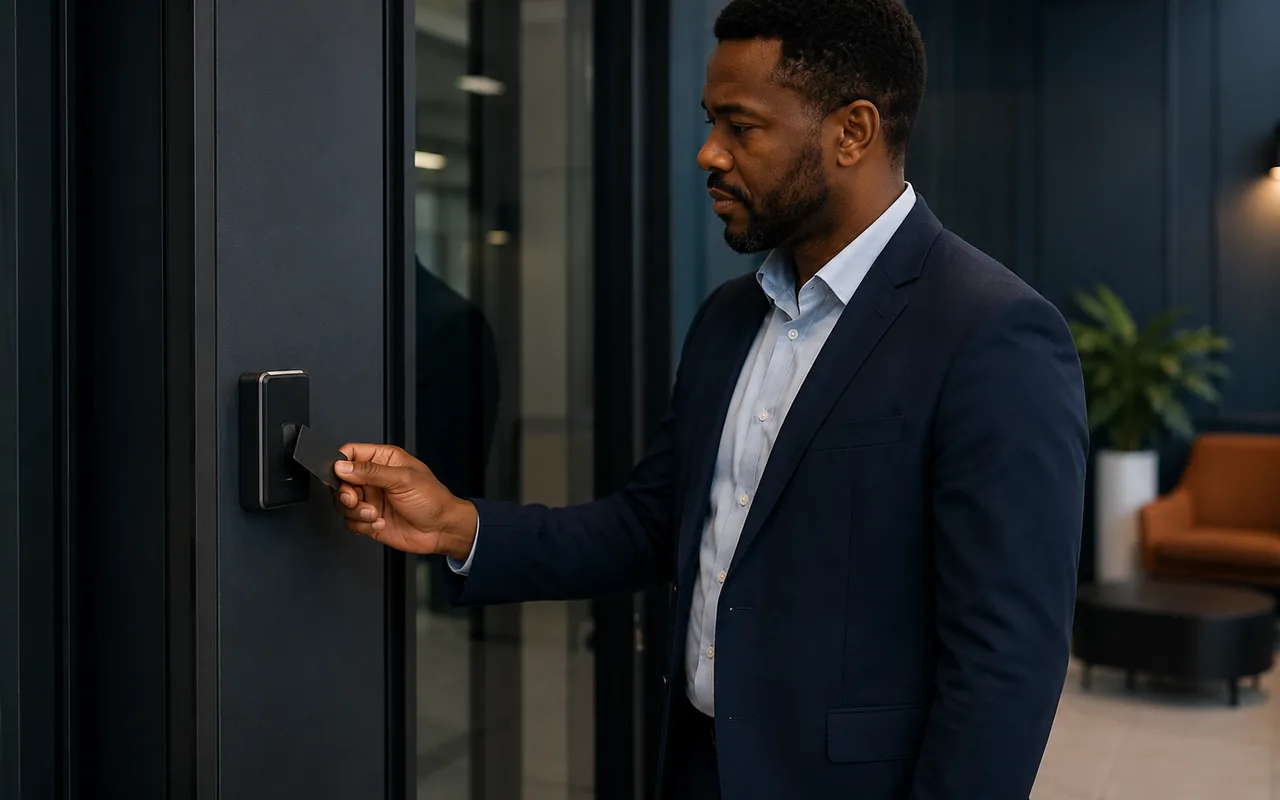 Professional presenting a blank access card to an unbranded office entry reader.