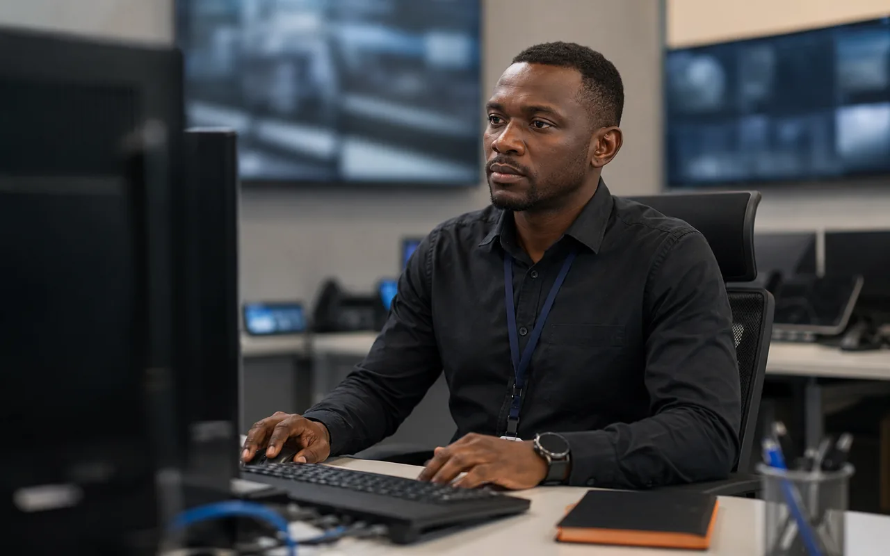 Security professional reviewing an unbranded camera monitoring setup in a quiet control room.
